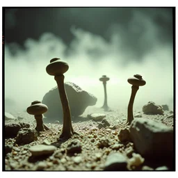 A striking quality close-up Kodak photograph captures a wasteland with odd stones, odd spindle-shaped objects, spooky, creepy, details of the dust very accentuated, glossy, organic, adorned with minerals and rocks, fog, feeble light, eerie, Yves Tanguy style, volumetric light, fog