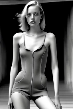 beautiful woman, anorexic, grey onepiece swimsuit, photorealistic, blond hair to chin, style: helmut newton