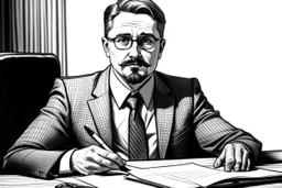 russian man sitting at desk, portrait, speech, nametag, glasses, goatee, short hair, mustache, suit; comic style, caricature, sketch art; black and white; grayscale, pencil drawing