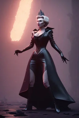 Hannah Waddingham as evil queen in black leather gown, busty, cleavage, voluptous, rebecca Welton, angry, stern look. character design by cory loftis, fenghua zhong, ryohei hase, ismail inceoglu and ruan jia. unreal engine 5, artistic lighting, highly detailed, photorealistic, fantasy