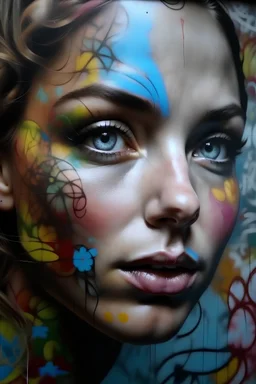 realistic graffiti art masterpiece painting of a front complex woman colored face (detailed eyes, nose, mouth , neck), background with ink drawings, text, letters, shapes, numbers, all around, street art, pop art, (abstract busy background), UHD, 4k, crisp focus,