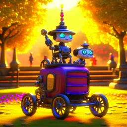 the cute adorable advanced carbon bot with child stroller, on a carousel through the seasons, hills and trees, motion blur, 8k, downlight, soft light, depth of field, photorealism, trending on art station, lotsa detail