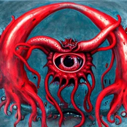 red, tentacles, eyes, teeth, monster, horror, blood, huge, scary, hyperrealism, gore, masterpiece, expert, optic focus