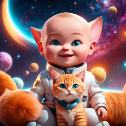 (masterpiece, best quality, 8k, RAW photo, beautiful and aesthetic:1.2), complex detail, Indirect light, photorealistic, (((full body))), Cosmic Boss Baby style smiling, bald, with a ginger cat companion, colorfull Sci-Fi environment