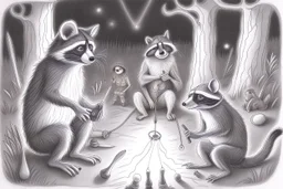 At dusk curious raccoons explores the forest. Tiptoeing into human campsites, intrigued by human artifacts they found.- Pencil drawing, realistic, graphite