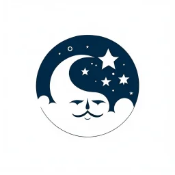 Logo, vector, clean, circle logo with a face looking up at the moon clouds and stars