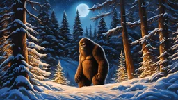 acrylic illustration, acrylic paint, oily sketch,Hidden by trees and bushes bigfoot peeks out, winter, uhd, 8k, intense lighting, award winning masterpiece, extremely detailed, detailed background, cinematic, complex and multi-dimensional lighting, night