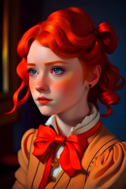 A 23-year-old girl with medium-length red hair tied with a bow in a ponytail and two curls in front, red eyes