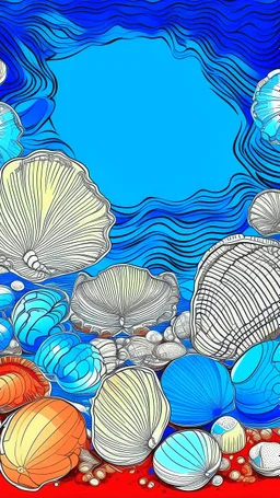 An indigo beach with seashells in pop art style