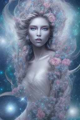 Create an image of a cosmic Goddess. The goddess should be depicted as a beautiful and powerful figure, surrounded by cosmic stars. Her hair should be long, blond and flowing, and she should be dressed in a flowing gown blue celestial robe. In the background, include imagery of pink flowers, blue sky,trees. The image should evoke a sense of joy, celebration, and spiritual connection to nature.