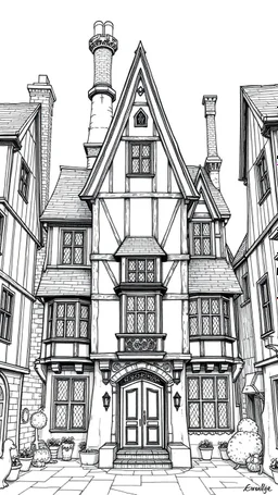 technical line drawing of the front elevation of a tall, narrow, warped, fantasy Tudor building, with twisted chimneys, rooms and floors added to sides and roofs, like the warren.