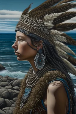 (8k) (detailed) (realistic)(portrait) (high res) ocean view with rocks bold native woman wearing (woven strips) made of (black feathers) and (abalone shells)