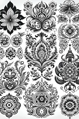 Draw a page with folk traditional patterns for tattoo designs from Germany in fine work black in on white background