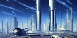 Spaceport on a heavy industrialized planet with futuristic high rise buildings with glass facades in the background and spaceship taking off in the foreground, art by John Berkey, brutalist architecture, insanely detailed, vibrant, 8k uhd, blue sky with clouds, cinematic atmosphere, ultra-wide angle, street level view, brush strokes, sharp focus