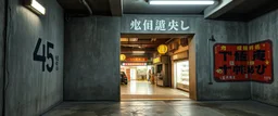 background of wall(wet textured concrete, gray, old, cracked, stained, 1 wall light) from underground parking, hong kong style, a large number "45" painted on left(old faded paint), at middle is an opening into an area with asian shops(poorly lit), cyberpunk, to the right of opening a faded painted rectangle containing alien language for obey