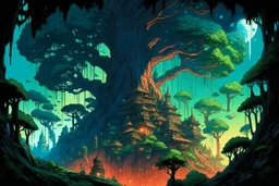 retro anime style, full color, dark serious 1980s anime style, a elf city in a giant tree, no humans, no people