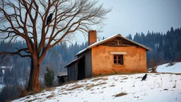 a lonely old adobe hut with worn adobe brown-gray wall and a small window, a crumbling roof, an old chimney stands on a hill, next to it is a small woodshed by the wall, and an old withered tree leans over the hut on thr old tree sitting a black crow, the hut stands on the edge of a European forest, winter, snowy landscape, low light, dawn, snow, high detailed, sharp focus, high realistic, perfect photo