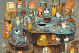 Happy cats sitting on a table :: industrial robotic cats, characters from machinarium pictoplasma, assemblage of naive art and les automatistes, by Alexander Jansson and Leo Lionni, a storybook illustration of a surrealist cat sculptures, cgsociety and behance contest winner