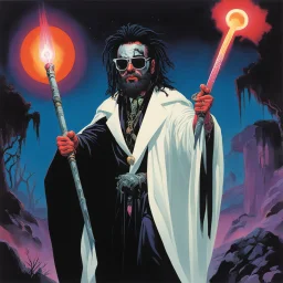 Art by Steve Rude: Elton John Zombie with black dreads and black wild beard as a fantasy necromancer holding a glowing black ram staff and wearing black magic robes