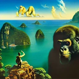 Drawing of 'King Kong on Skull island',aerial view, painting by Earl Norem, simon Bisley,frazetta,西嘛哒, evan lee, Vallejo,kelly oil on canvas, cinematic composition, extreme detail,fit full head inside picture,8k