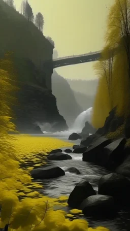 Cinematic slow motion: waterfall flowing in background, mist rising, river water rippling and reflecting, ivy leaves gently swaying on the yellow building, birds flying slowly in sky, subtle parallax camera push-in toward the bridge