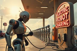 A cinematic wide-angle oil painting of a humanoid robot plugging a thick electric charging cable into its torso port at a futuristic charging station within a retro-style gas station. A long line of identical humanoid robots stands patiently behind, waiting for their turn to recharge. A large vintage-style sign to the side reads 'Electric Robot Charging Station.' The scene is bathed in golden-hour lighting, with rich, noisy colors, expressive thick brushstrokes, intricate steampunk elements, glo