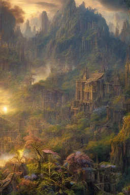 realistic detailed landscape, movie shot, background by denis villeneuve, ernst haeckel, max ernst, masterpiece, rich moody colours, sunrise.