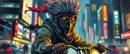 Rembrandt wall poster of ninja transparent biker weasel rasta man with cute fur, in big cyberpunk city crossover, volume light and motion blur, airbrush and pen outline