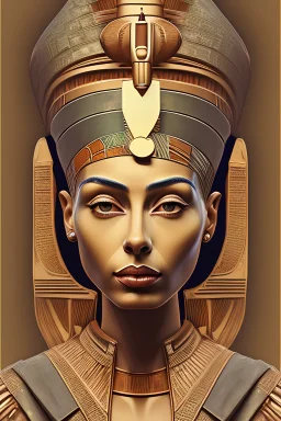 Queen Nefertiti, sits with dignity, and behind the pyramids