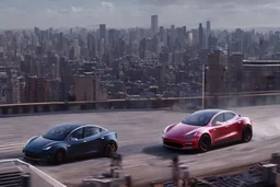 A Tesla 'Model Y' is racing at top speed, inside the 'Yankee Stadium' in Manhattan. (CINEMATIC, WIDE ANGLE LENS, PHOTO REAL)