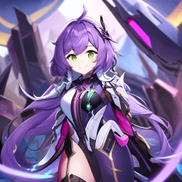 Clear focus,High resolution,High quality, Smiling, Purple long fluffy hair, Green eyes, Wearing a pink mech uniform, Honkai Impact Star Rail