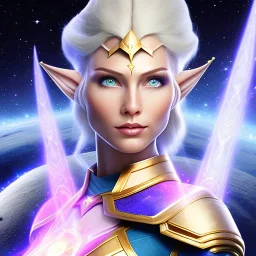 cosmic mage, elf, female, battle mage, epic, cosmic magic, long ears, white hair, face details, pale skin, jewellery, broad shoulders, sharp ears, cosmic clothes, cosmic eyes, ears shown, light out of eyes, the cosmos in eyes, stars in eyes, shining eyes, non human face, thin face, animation, detailed ears, magical eyes, non realistic, closed mouth