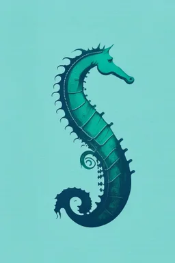 minimalist logo featuring seahorse in a katamaran in gothic style and blue-green hues.