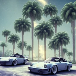 1980's aesthetic vaporwave palm trees and spheres and Porsche with lightning