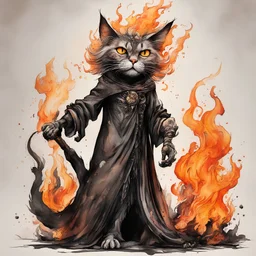 create an abstract ink wash and watercolor full body caricature of an aged, malevolent, ornately dressed , 14th century sorceress cat engulfed in fire ,highly detailed with refined feline features in the cartoon caricature style of Gerald Scarfe and Ralph Steadman precisely drawn, boldly inked, vividly colored, 4k