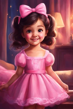 Digital painting of a cute little girl in a pink dress, front view, Agnes face, smile, dark hair, bow on her head, glowing eyes, cute face, cozy room in the background, Disney art, digital painting style, High Quality, 4k