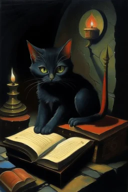 1970's dark fantasy book cover dungeons and dragons style painting of a cat with minimalist far perspective