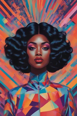 portrait of justine skye, environment map, abstract 1998 air hostess poster, portrait of thick shiny black wavy hair, dramatic makeup, intricate stunning highly detailed, op art, bright colors, hypnotic, art by Victor Moscoso and Bridget Riley by sachin teng x supreme, dark skin, full lips