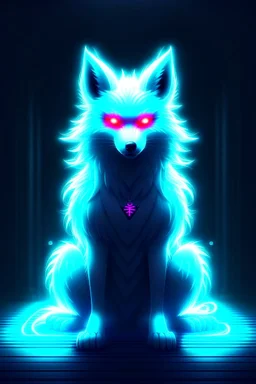 Super cool ghostly spiritual kitsune with menacing glowing eyes In a dark room. It sits alone staring straightly and deeply at us, it has a painted-anime style.