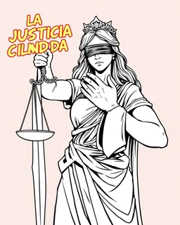 Comic book style illustration, line art of lady justice with scales and sword, with a stranger's hands (((covering her mouth))). Blindfolded, and with the Text "LA JUSTICIA CIEGA Y MUDA"