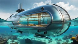 An unique stunning modern futuristic glass and metal submarine in the ocean, with a large body of water surrounding it. The submarine bottom positioned in the center of the frame, providing a unique perspective on this streamlined high-techstructure underwater, high detalied, shapr focus, sci-fi mood