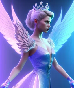 A crystalised queen, atmospheric, realistic, unreal engine, cinematic lighting, octane render. blue, pink, transparency, light, shine,bright, full body, transparent wings, blonde, long hair, beautiful smile