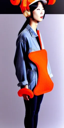 Young fleshy Korean woman black hair. thick thigh, thick calves. Style futurism, 1990's, rough street style.Mantle is sewed of recycled Denim and sewed together red felt pieces.Big headphones, with gold rings, is merged with small felt cap with small visor. A bag is integrated to the mantle. Patterns are composed of orange, cream, blue, lilac and purple. blue latex somewhere. It is with big bright purple felt tippet and cream-colored-hood. mantle is merged with tippet.