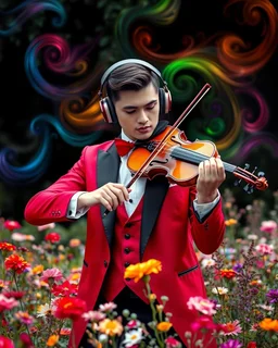 Gorgeous Realistic Photography a handsome young man a stunning adorned in vibrant luxury tuxedo swit carnival attire, headphones,playing violin standing in garden park flowers,ethereal beauty, black background, with swirling colors and fantastical tiny flowers, enchantment and grace, twisted vines, whimsical, surreal landscapes, emotive style, dreamlike quality, and magical realism, carnival red, ethereal pink, whimsical blue, vibrant green, celestial purple, golden amber