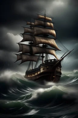 pirate ship sailing more cartoony and have it be sailing in a storm and its about to flip over and theres a monster in the wave