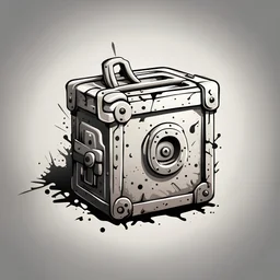 post-apocalyptic lockbox vector icon in white color over the back background, stylized
