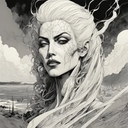 create a highly ethereal, darkly magical surrealist portrait illustration of the mother of vampires, Lamae Bal, with highly detailed and deeply cut facial features, in the chaotic, turbulent, otherworldly landscape of Coldharbour in the comic art style of BILL SIENKIEWICZ and JEAN GIRAUD MOEBIUS, searing lines and forceful strokes, precisely drawn, inked, and darkly colored