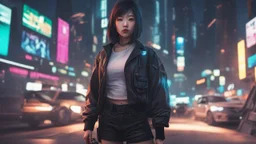 4k, hyper-realistic, Ultra-HD, Ray-tracing, cyberpunk, cybernetics, Asian, Female, short, jacket, carrying pistol, hacker, night time, bright signs, lively city, desktop wallpaper, cute