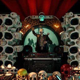 DJ of the damnded, insanely detailed DJ booth in hell, MID set, speakers and equipment made of bone, anatomically correct, add more skulls in th audience, photorealism, vray, 8k 3d