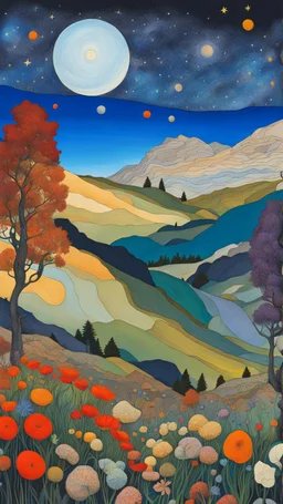 Many colors, peaceful, Egon Schiele, Max Ernst, night sky filled with galaxies and stars, rock formations, trees, flowers, one-line drawing, sharp focus, 8k, deep 3d field, intricate, ornate, one million strokes